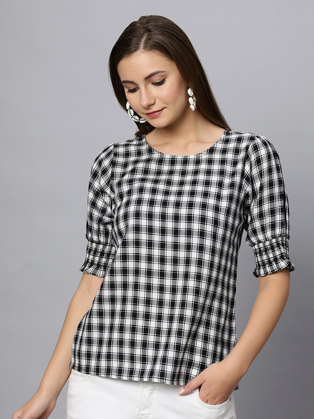 

Chemistry Checked Puff Sleeves Pure Cotton Top, Black