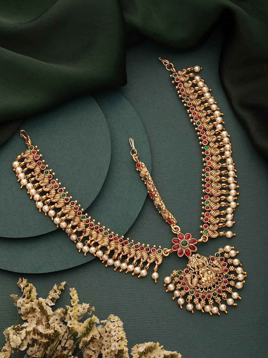 

Saraf RS Jewellery Gold-Plated AD-Studded & Beaded Matha Patti