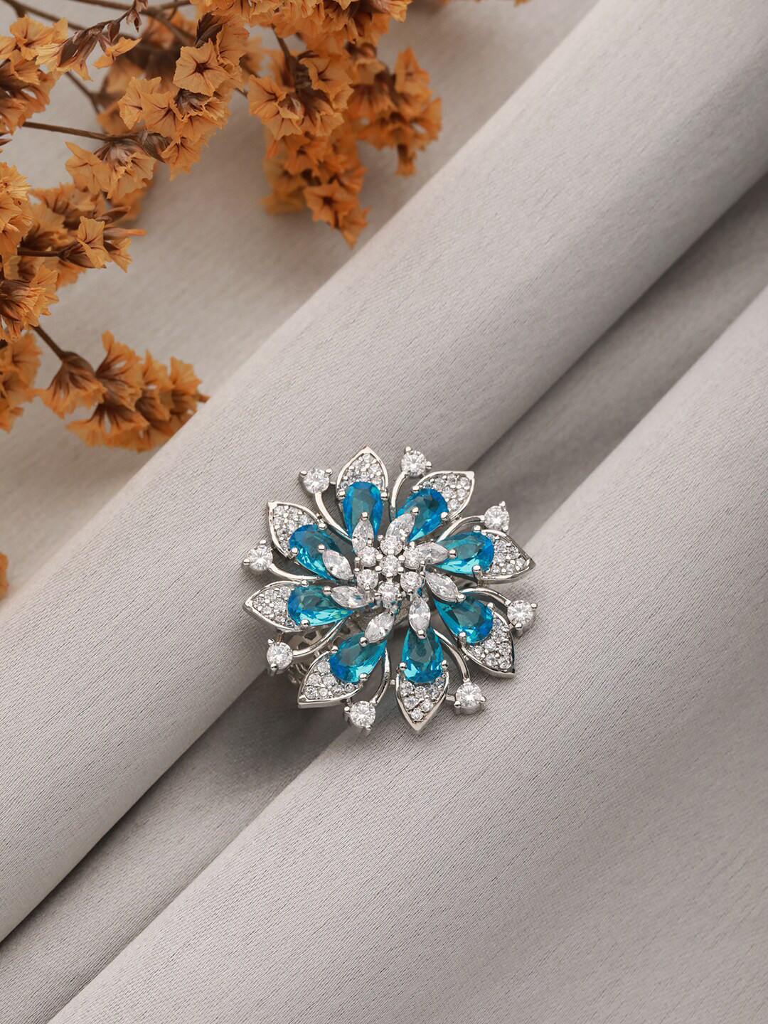 

Saraf RS Jewellery Silver-Plated AD-Studded Adjustable Ring