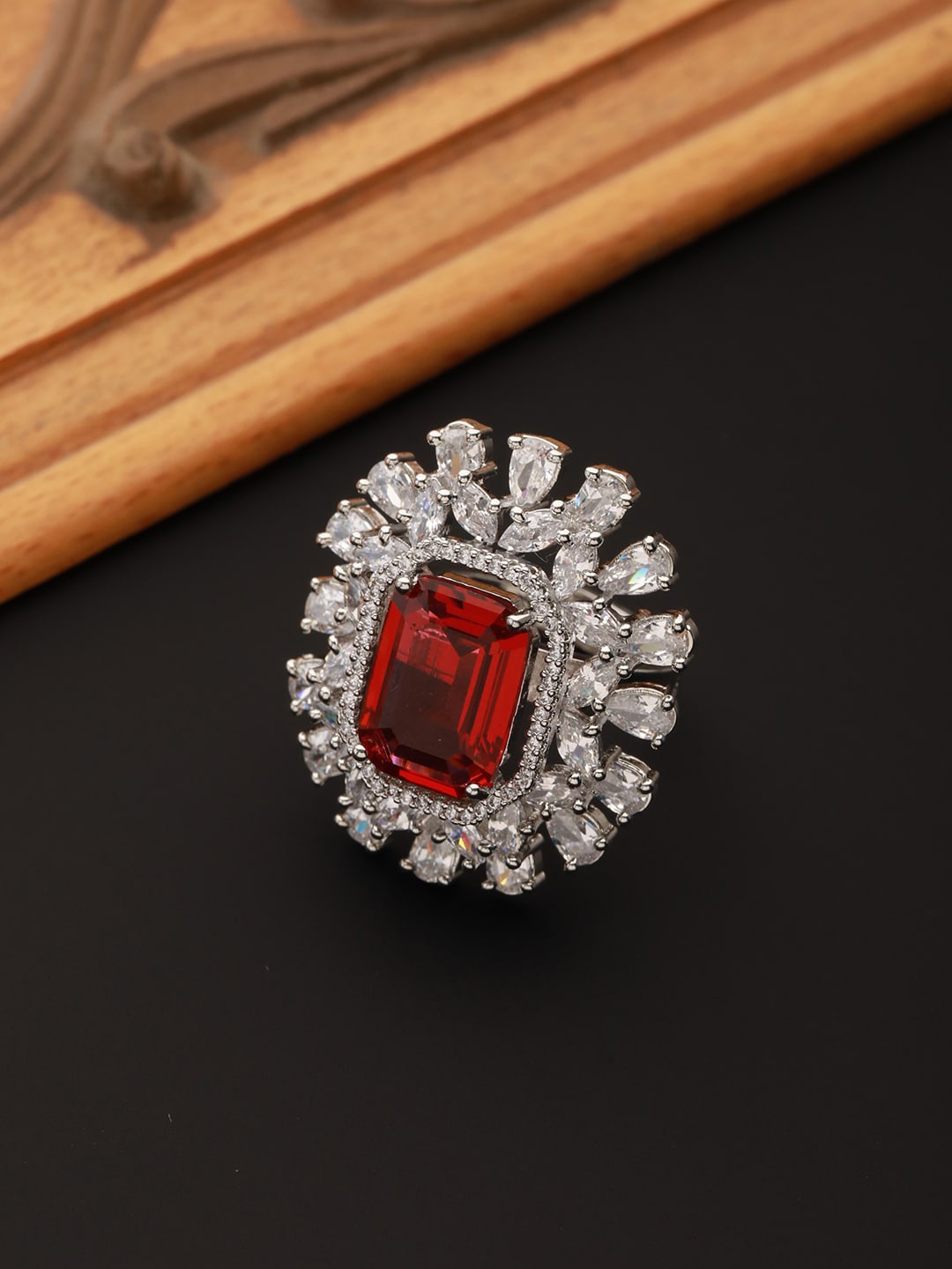 

Saraf RS Jewellery Silver-Plated AD-Studded Adjustable Ring