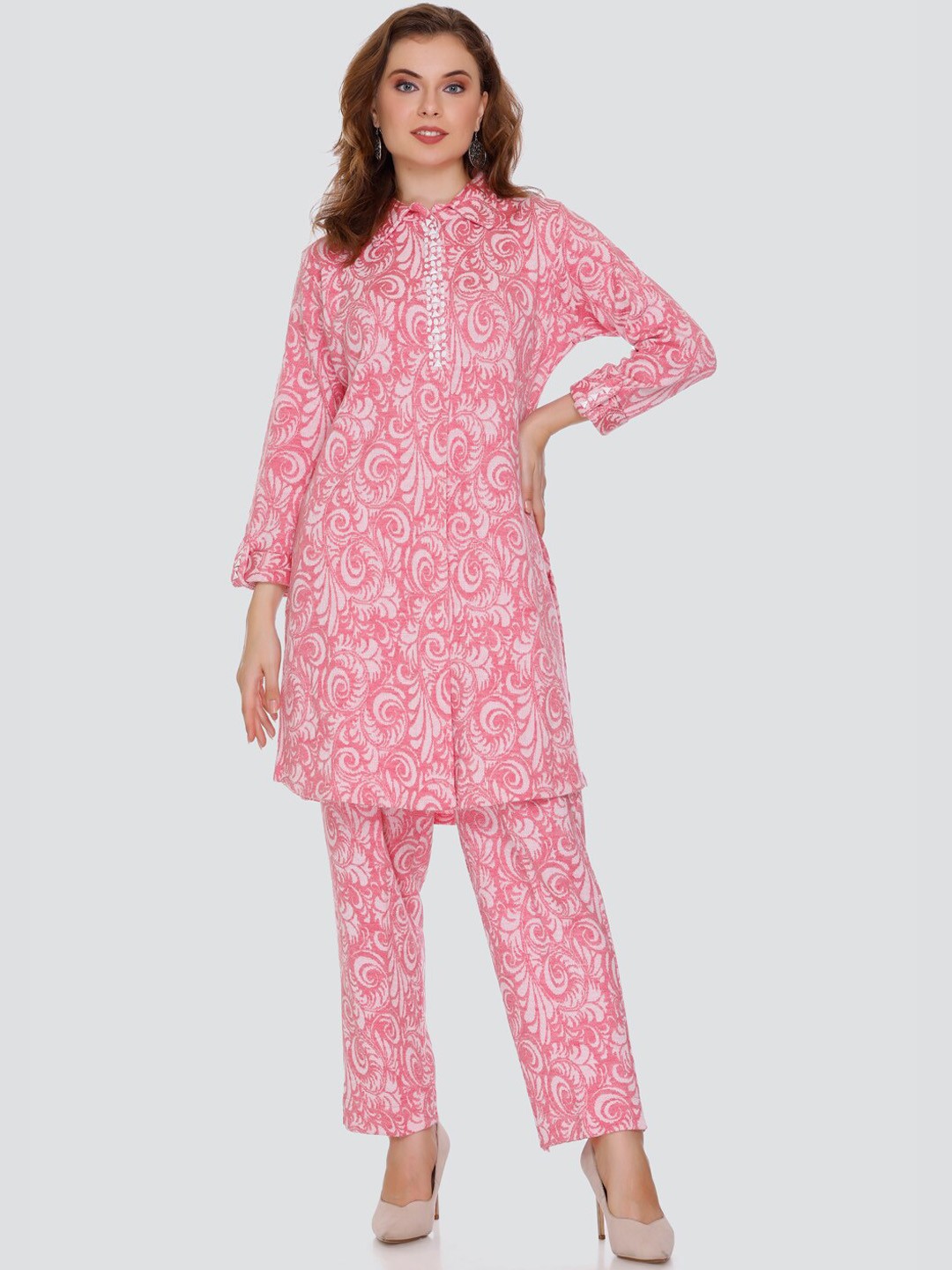 

Elthia Floral Printed Shirt Collar Straight Kurta With Trouser, Pink