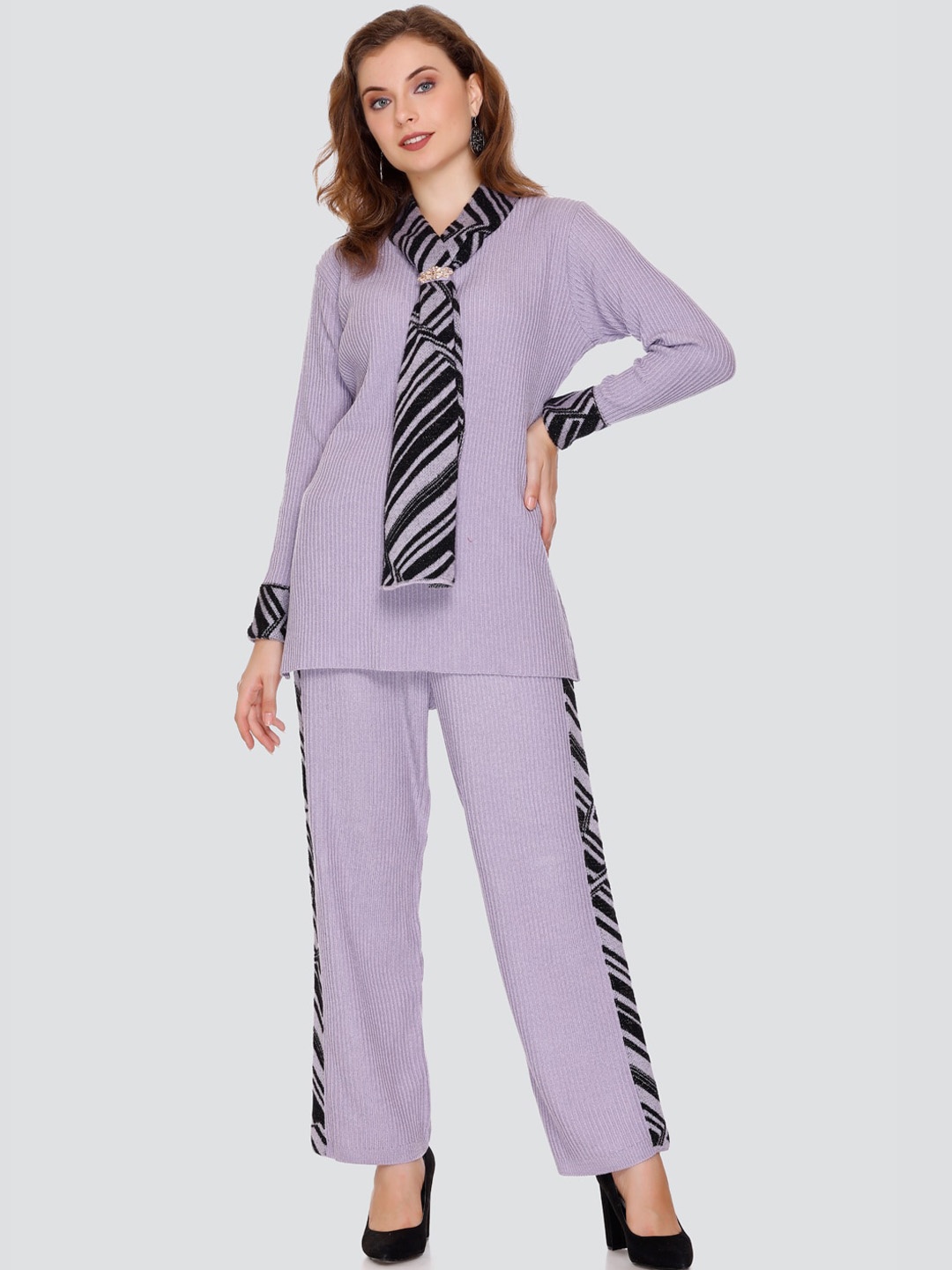 

Elthia Self Design Longline Wool Acrylic Tunic & Palazzos Co-Ords, Purple