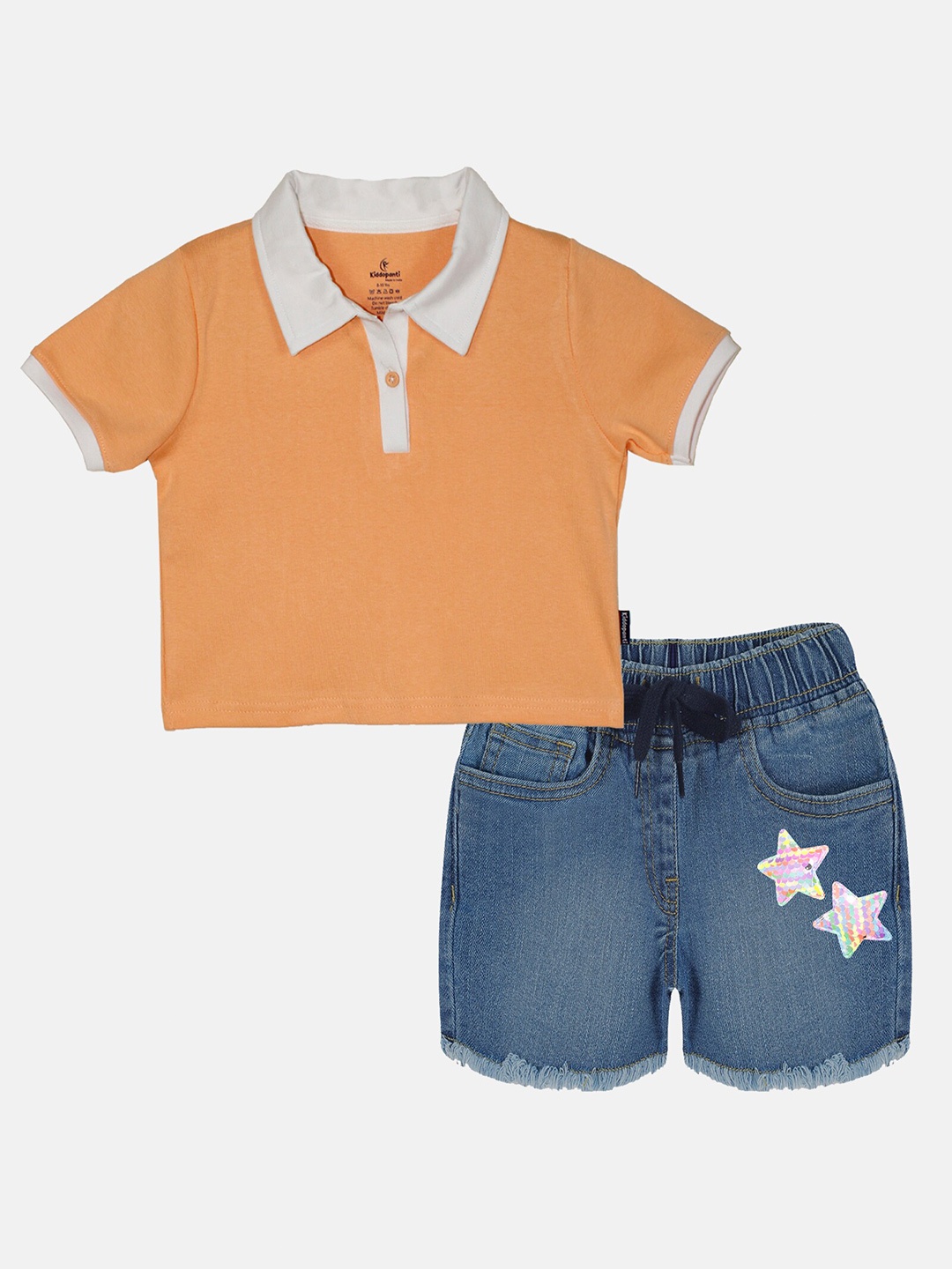 

KiddoPanti Girls Crop Polo Collar Pure Cotton T-shirt With Shorts, Peach