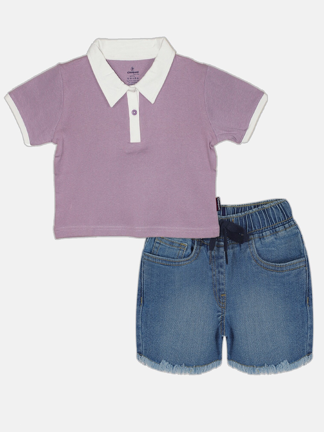 

KiddoPanti Girls Crop Polo Collar Pure Cotton T-shirt With Shorts, Purple