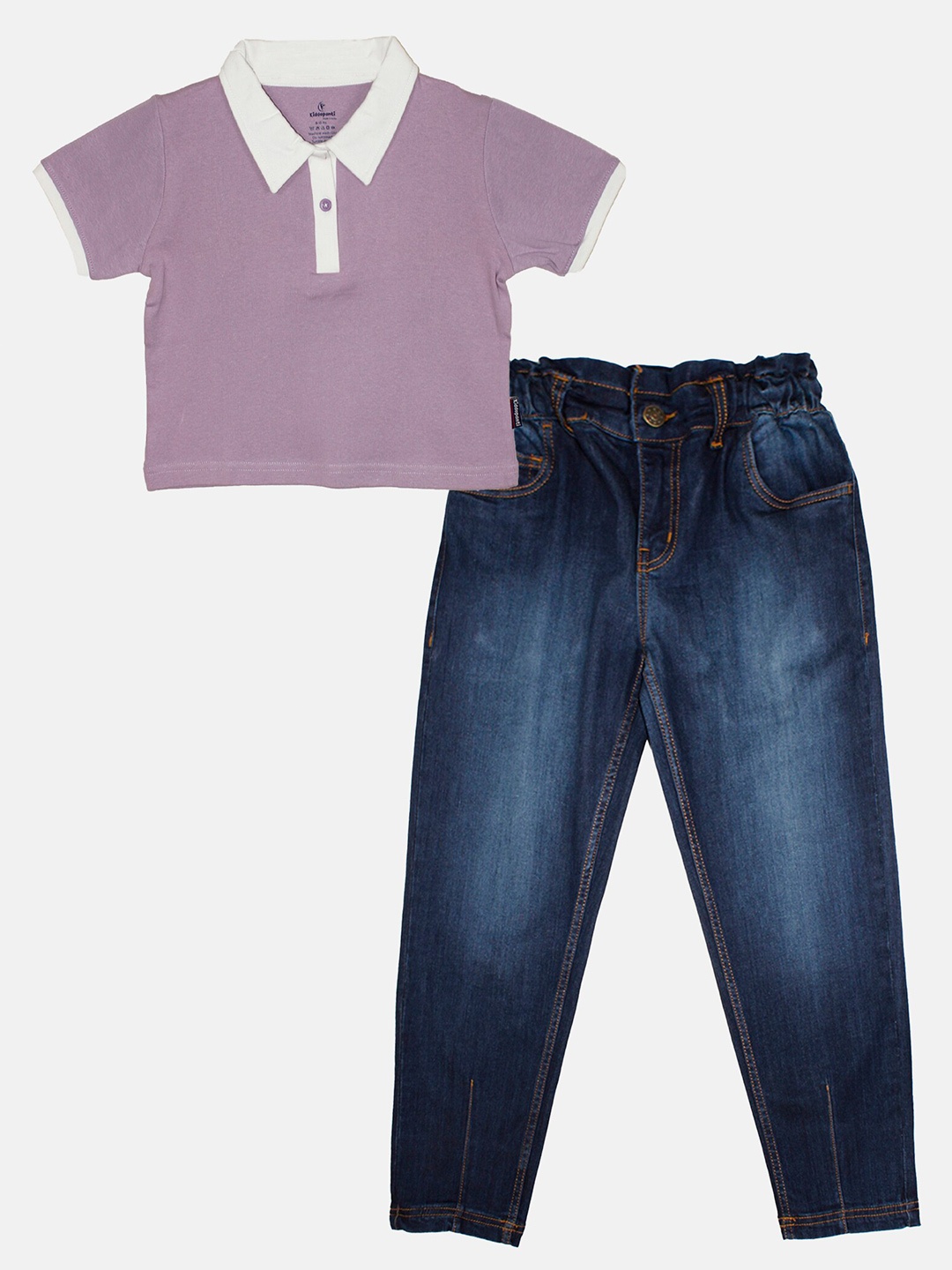

KiddoPanti Girls Polo Collar Pure Cotton Crop T-shirt With Paper Bag Jeans, Purple
