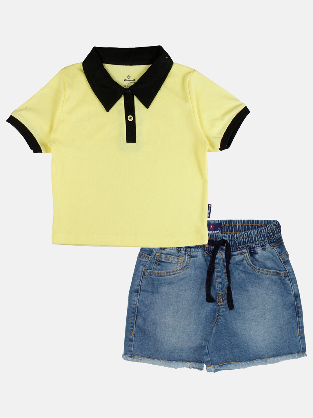 

KiddoPanti Girls Crop Polo Collar Pure Cotton T-shirt With Shorts, Yellow