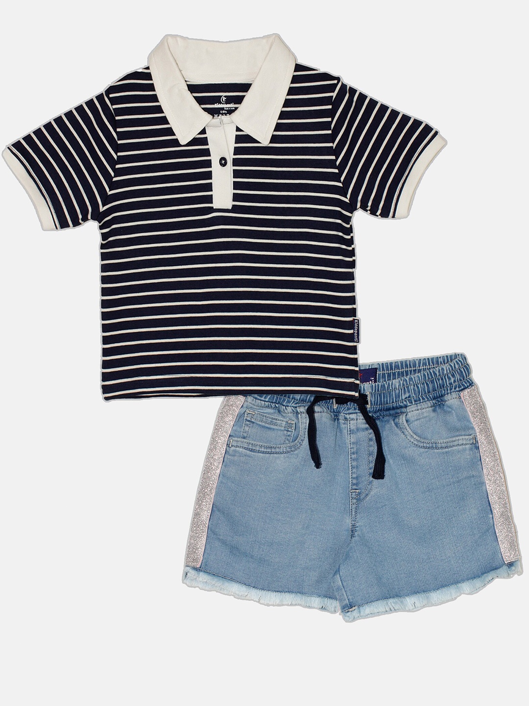 

KiddoPanti Girls Striped Polo Collar Pure Cotton T-shirt with Shorts, Navy blue