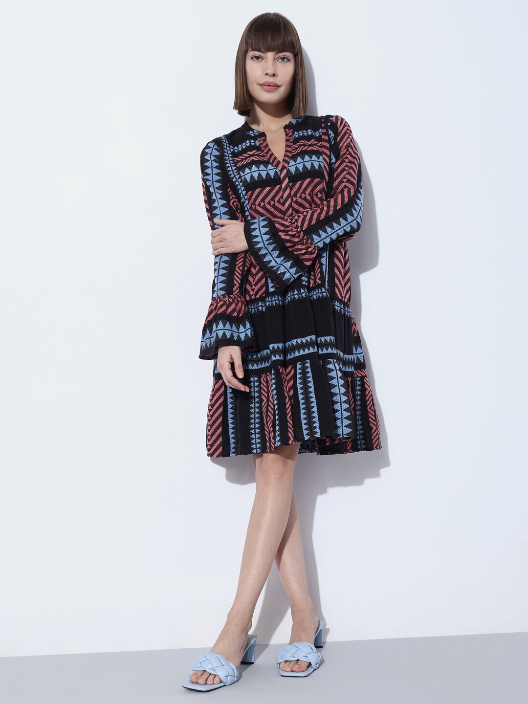 

Vero Moda Geometric Self Design Embroidered Cotton Drop Waist Dress, Black