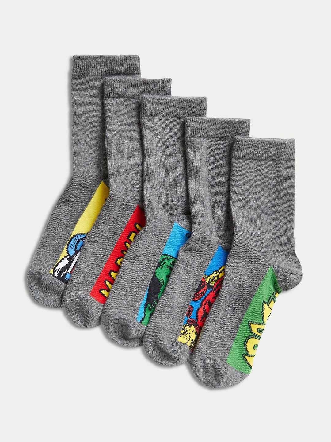 

Marks & Spencer Boys Set Of 5 Marvel Patterned Calf-Length Cotton Socks, Grey