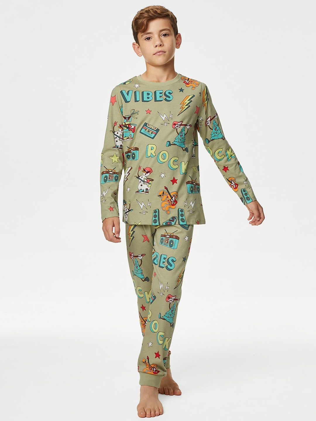 

Marks & Spencer Boys Conversational Printed Pure Cotton T-shirt With Pyjamas, Green