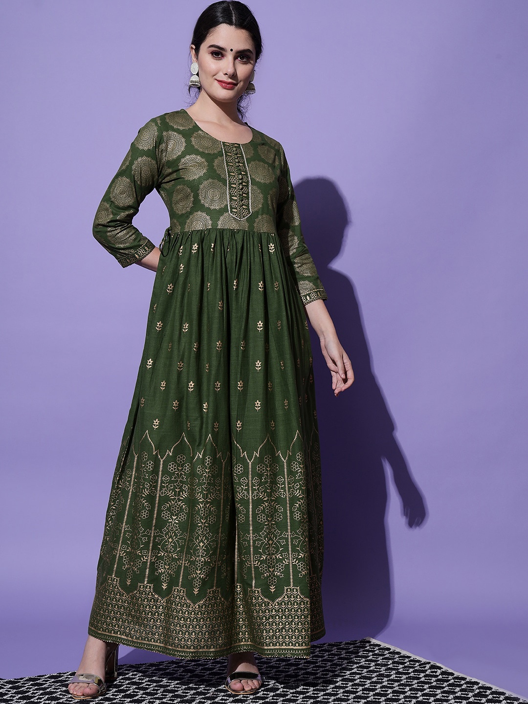 

KALINI Ethnic Motifs Printed Fit and Flare Maxi Ethnic Dresses, Green