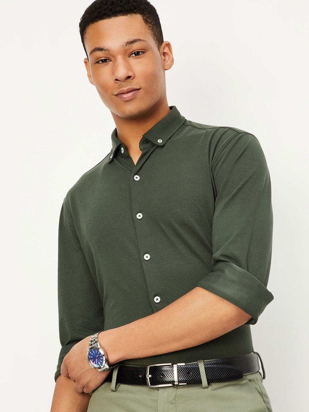 

max Button Down Collar Pure Cotton Casual Shirt, Olive
