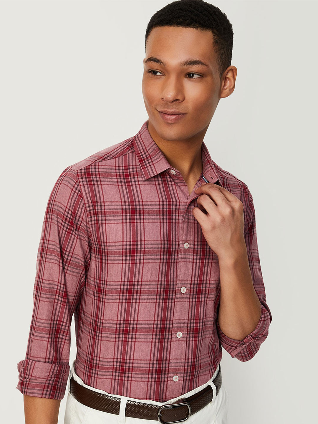 

max Tartan Checked Spread Collar Pure Cotton Casual Shirt, Peach