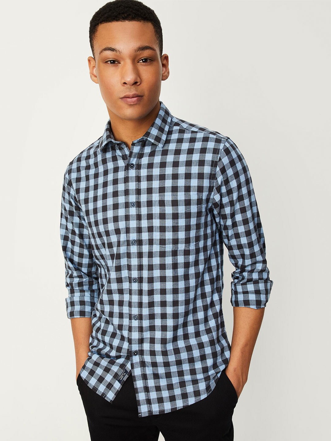 

max Buffalo Checked Pure Cotton Casual Shirt, Blue
