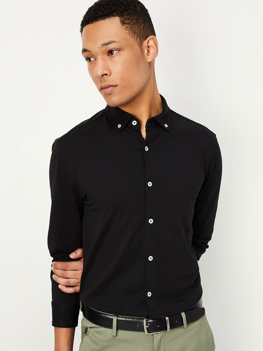 

max Button-Down Collar Pure Cotton Casual Shirt, Black