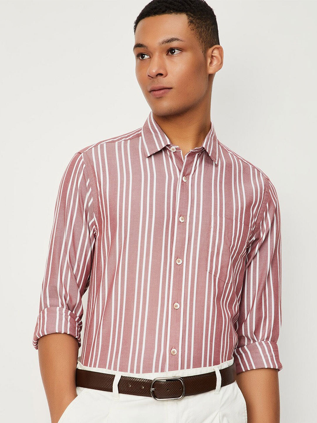 

max Vertical Stripes Pure Cotton Casual Shirt, Coral