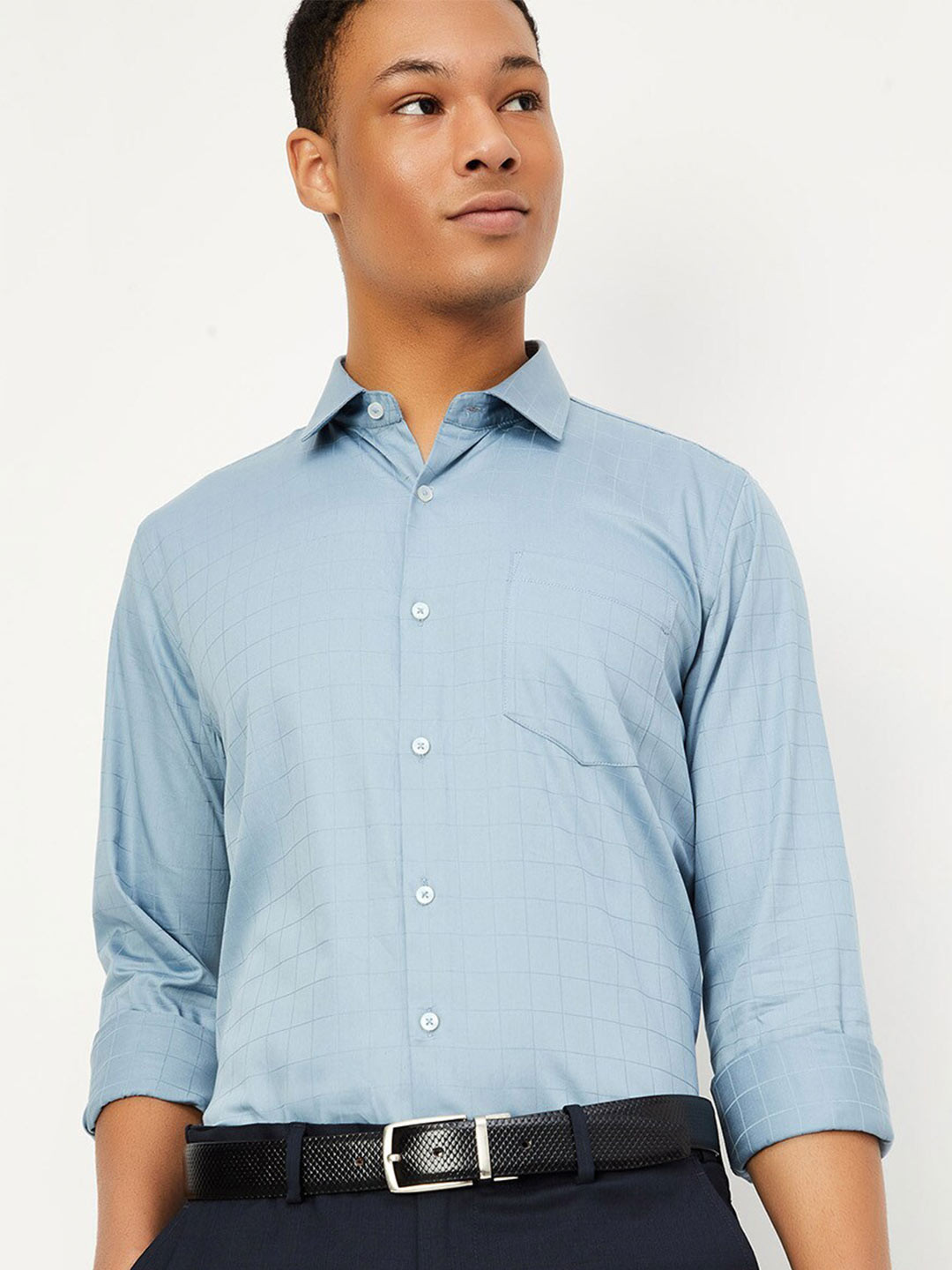 

max Windowpane Checked Pure Cotton Casual Shirt, Blue