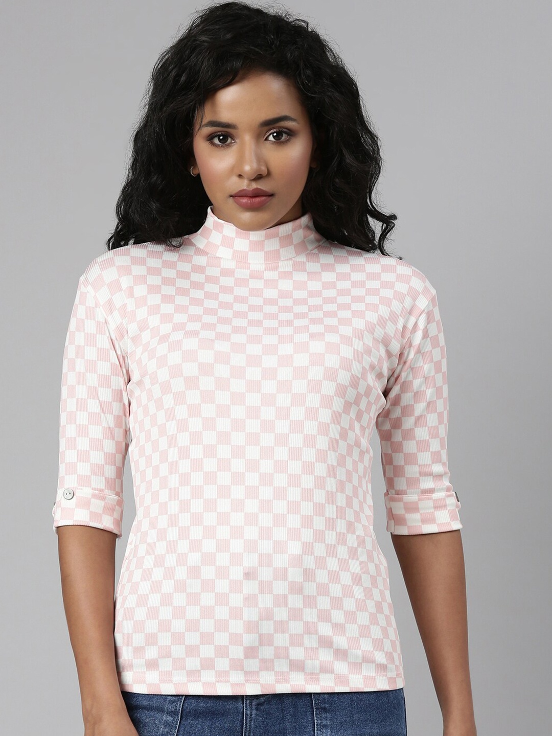 

SHOWOFF Checked Roll-Up Sleeves Top, Pink