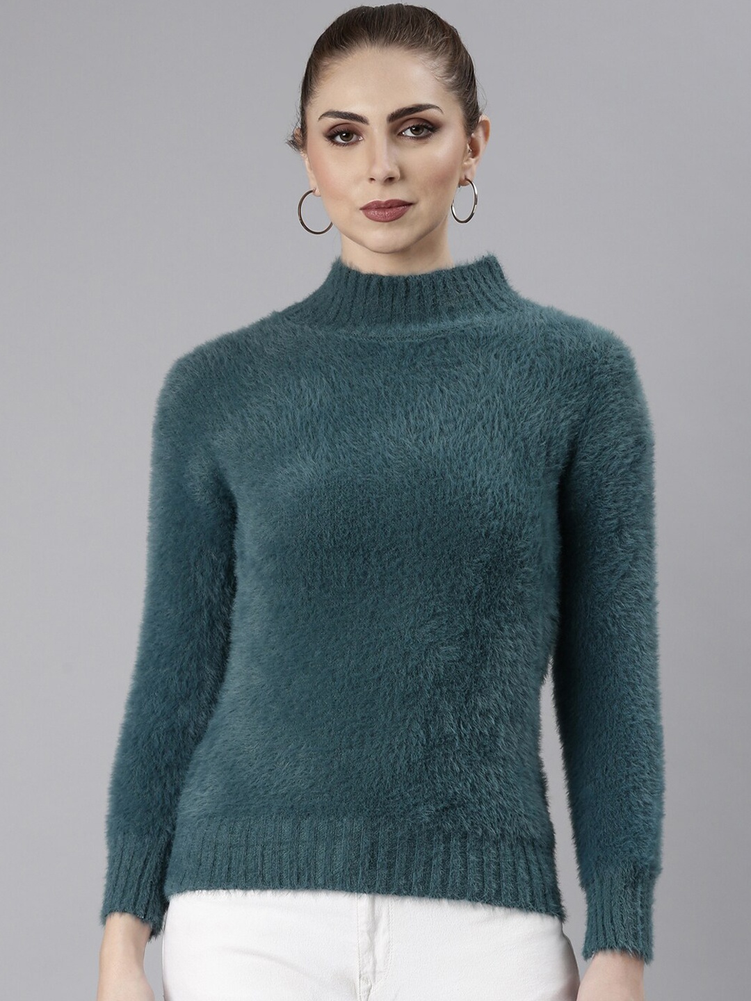 

SHOWOFF Self Design High Neck Long Sleeves Faux Fur Trim Knitted Acrylic Top, Teal