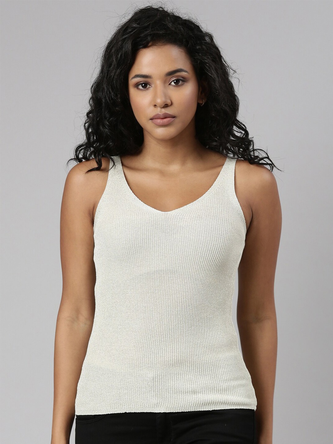 

SHOWOFF Ribbed Sleeveless Acrylic Tank Top, Cream