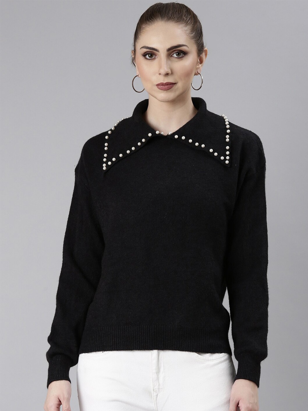 

SHOWOFF Embellished Shirt Collar Acrylic Top, Black