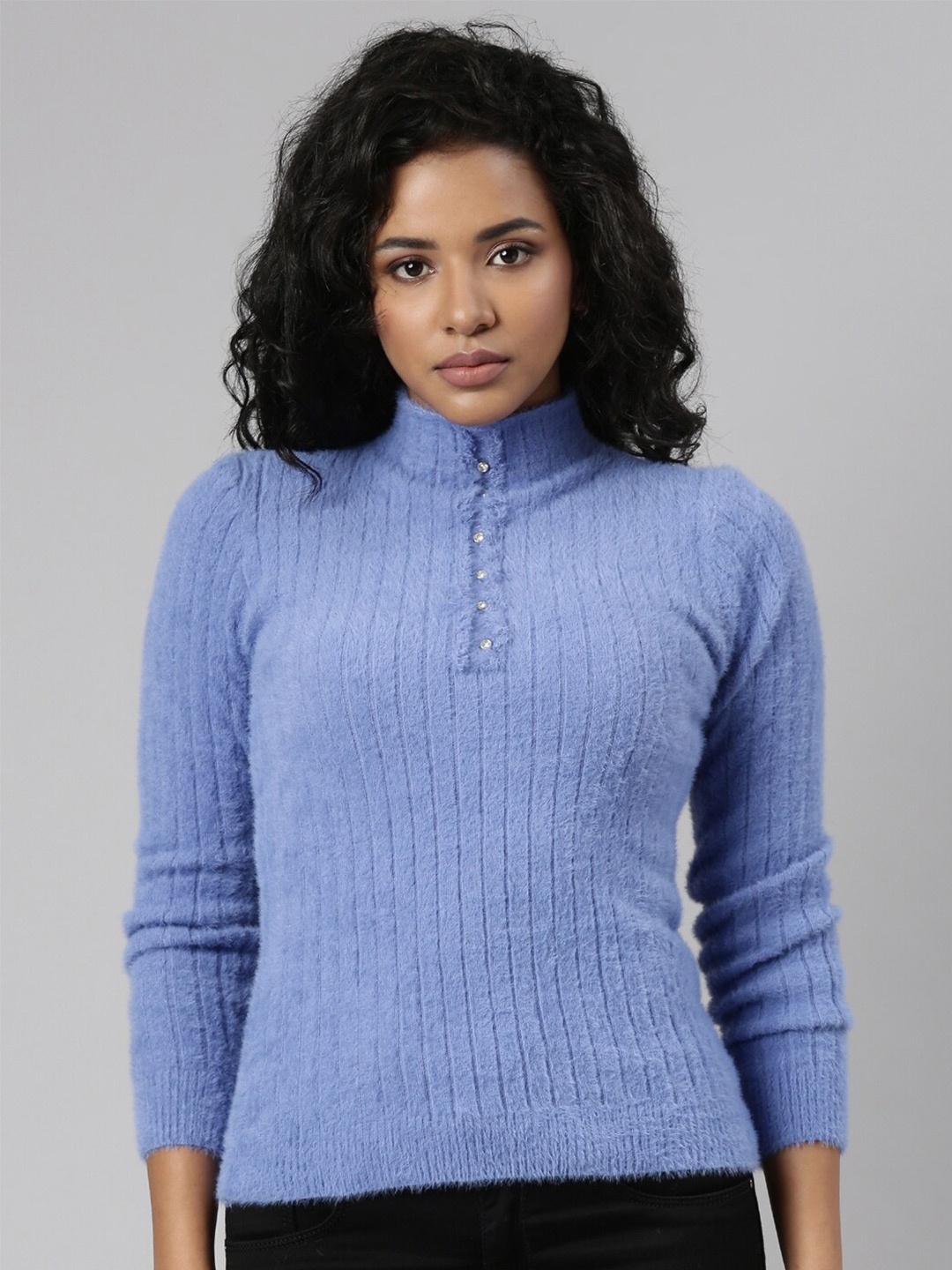 

SHOWOFF Ribbed High Neck Acrylic Sweater, Blue
