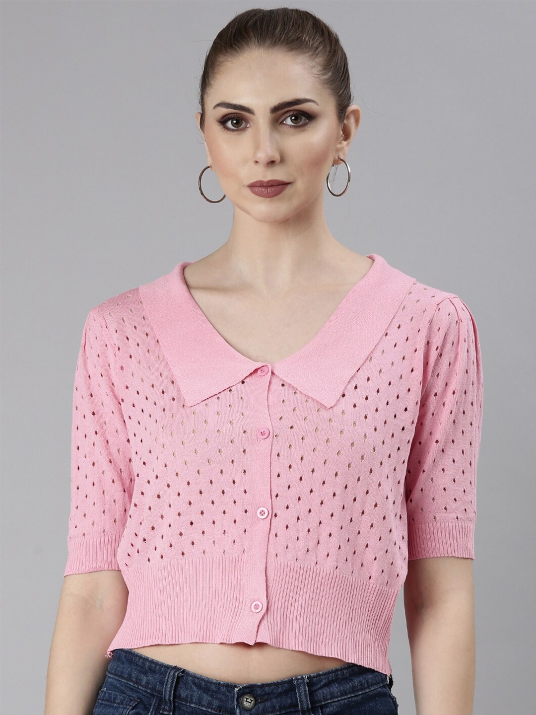

SHOWOFF Self Design Shirt Collar Acrylic Crop Top, Pink