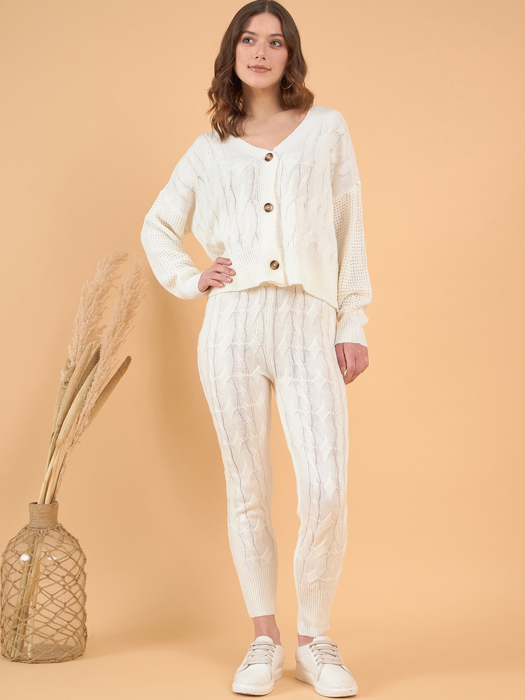 

STYLE BLUSH Self Design Knitted V-Neck Acrylic Wool Sweater & Joggers, White
