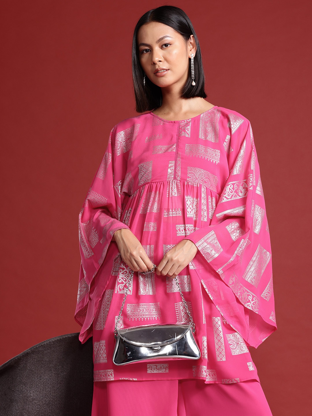 

all about you Ethnic Motifs Print Kimono Sleeve Pleated Kurta with Palazzos, Pink