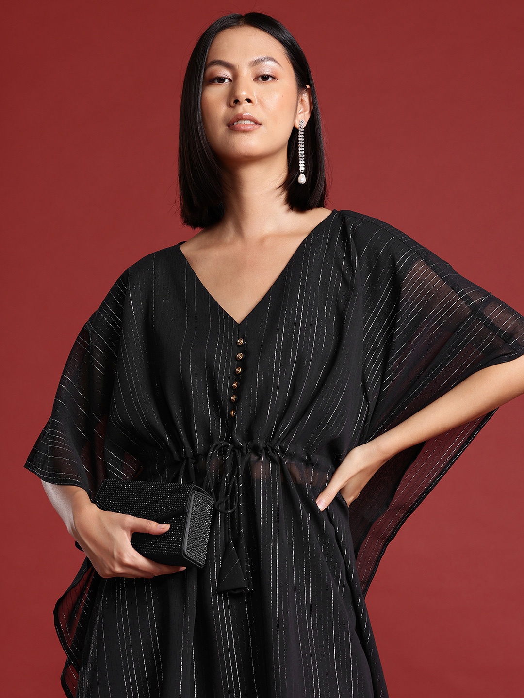 

all about you Kaftan Striped Kurta with Palazzos, Black