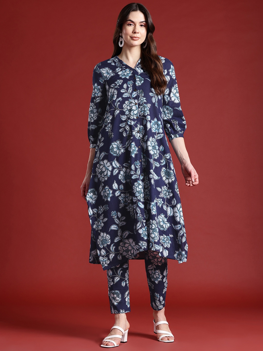 

all about you Floral Print Pleated Pure Cotton Kurta with Trousers, Blue