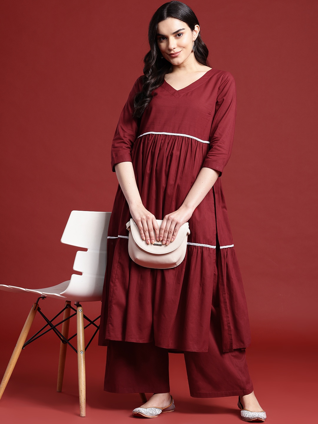 

all about you Tiered Pure Cotton Kurta with Palazzos, Maroon