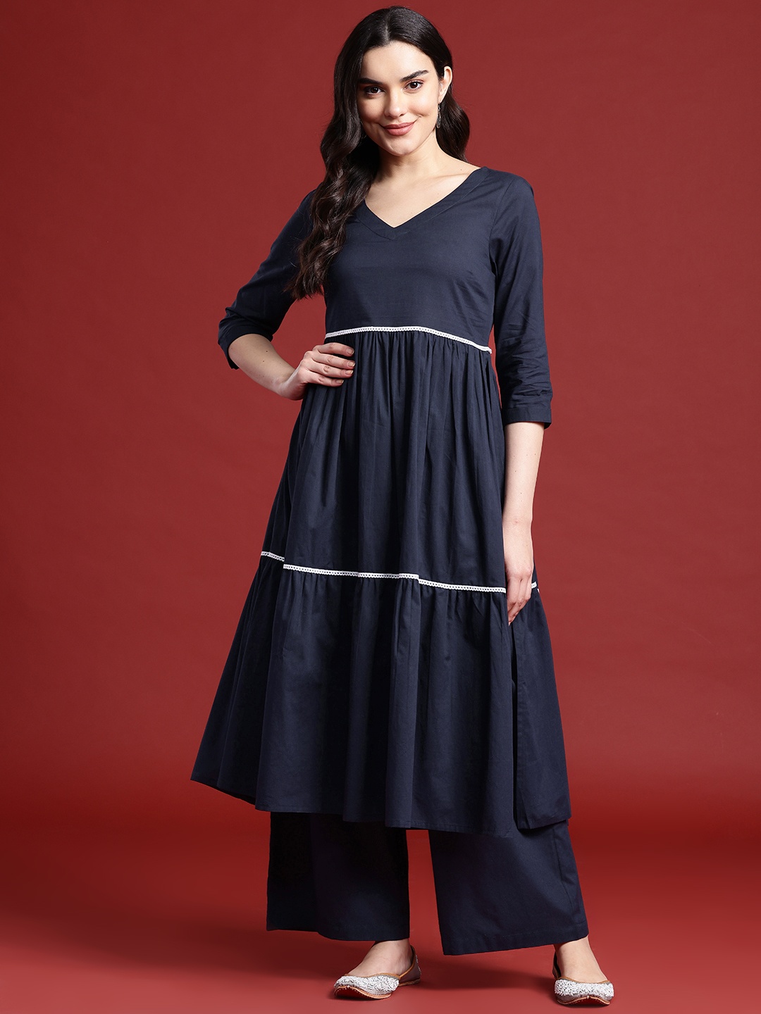 

all about you Tiered Pure Cotton Kurta with Palazzos, Navy blue