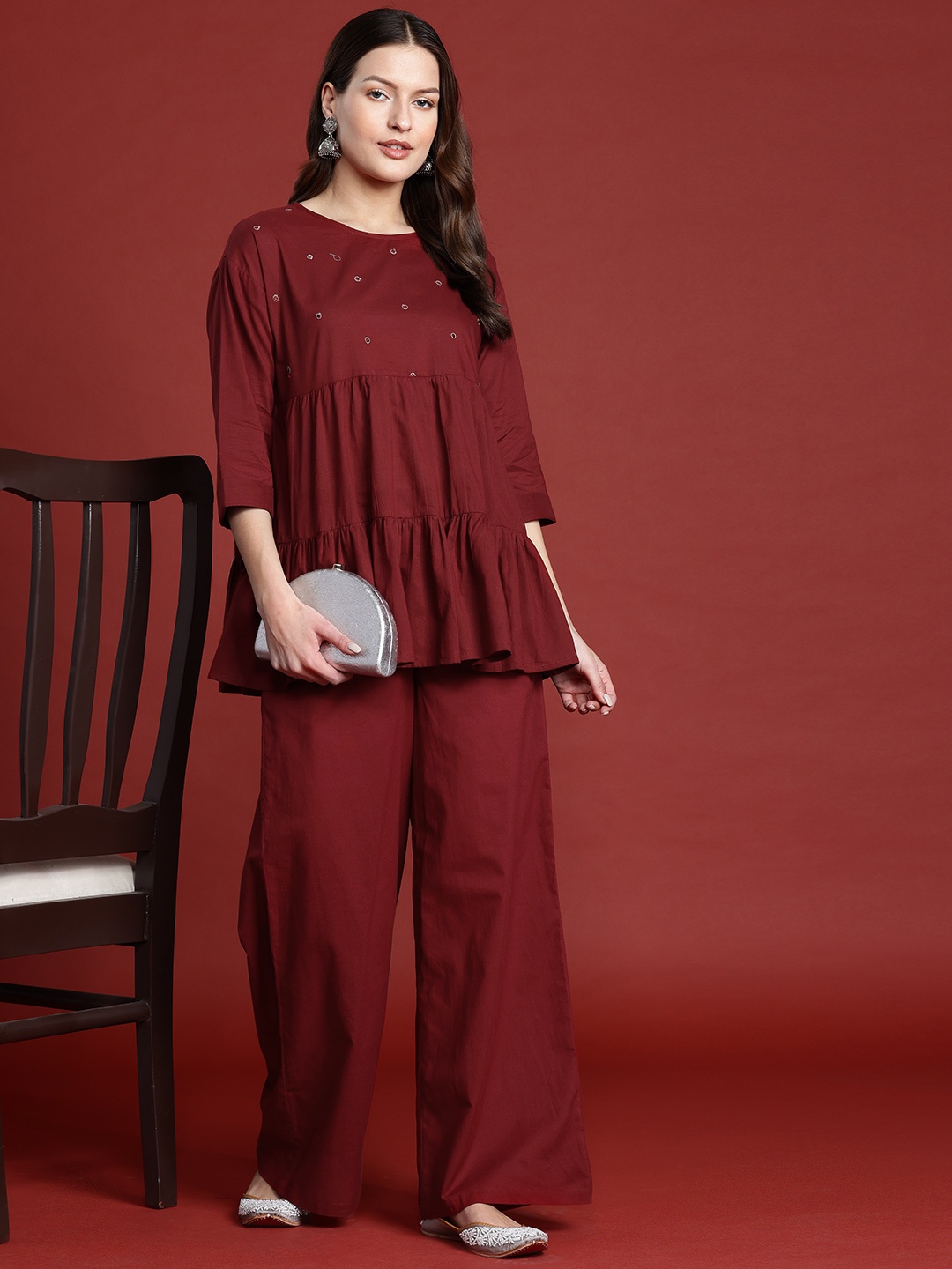 

all about you Tiered Thread Work Pure Cotton Kurti with Palazzos, Maroon