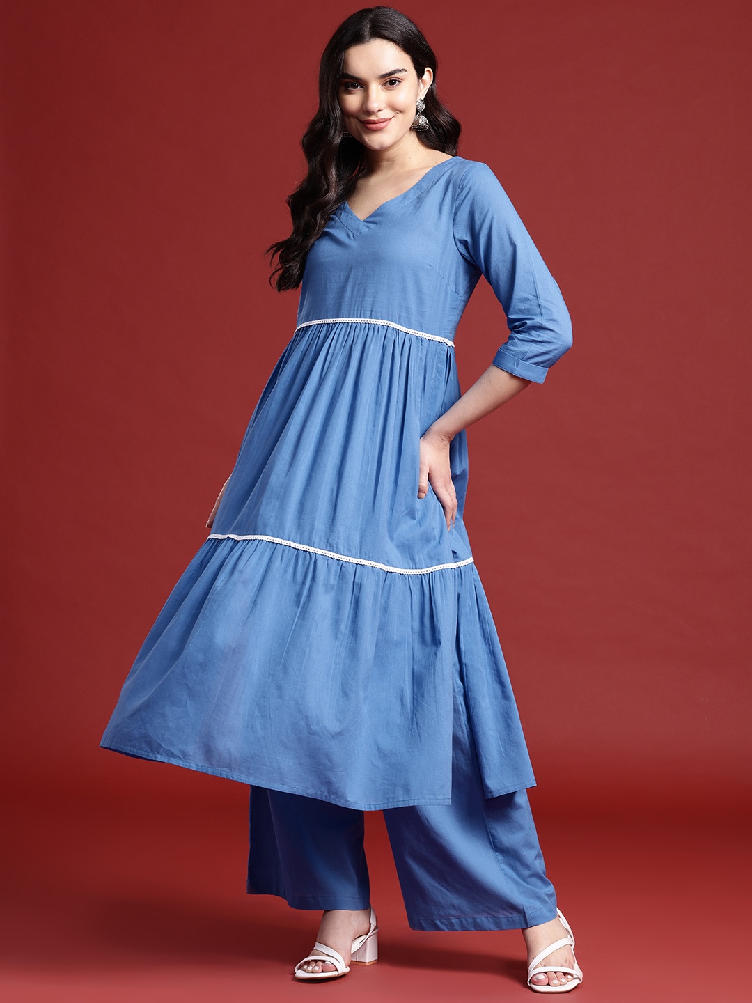 

all about you Tiered Pure Cotton Kurta with Palazzos, Blue