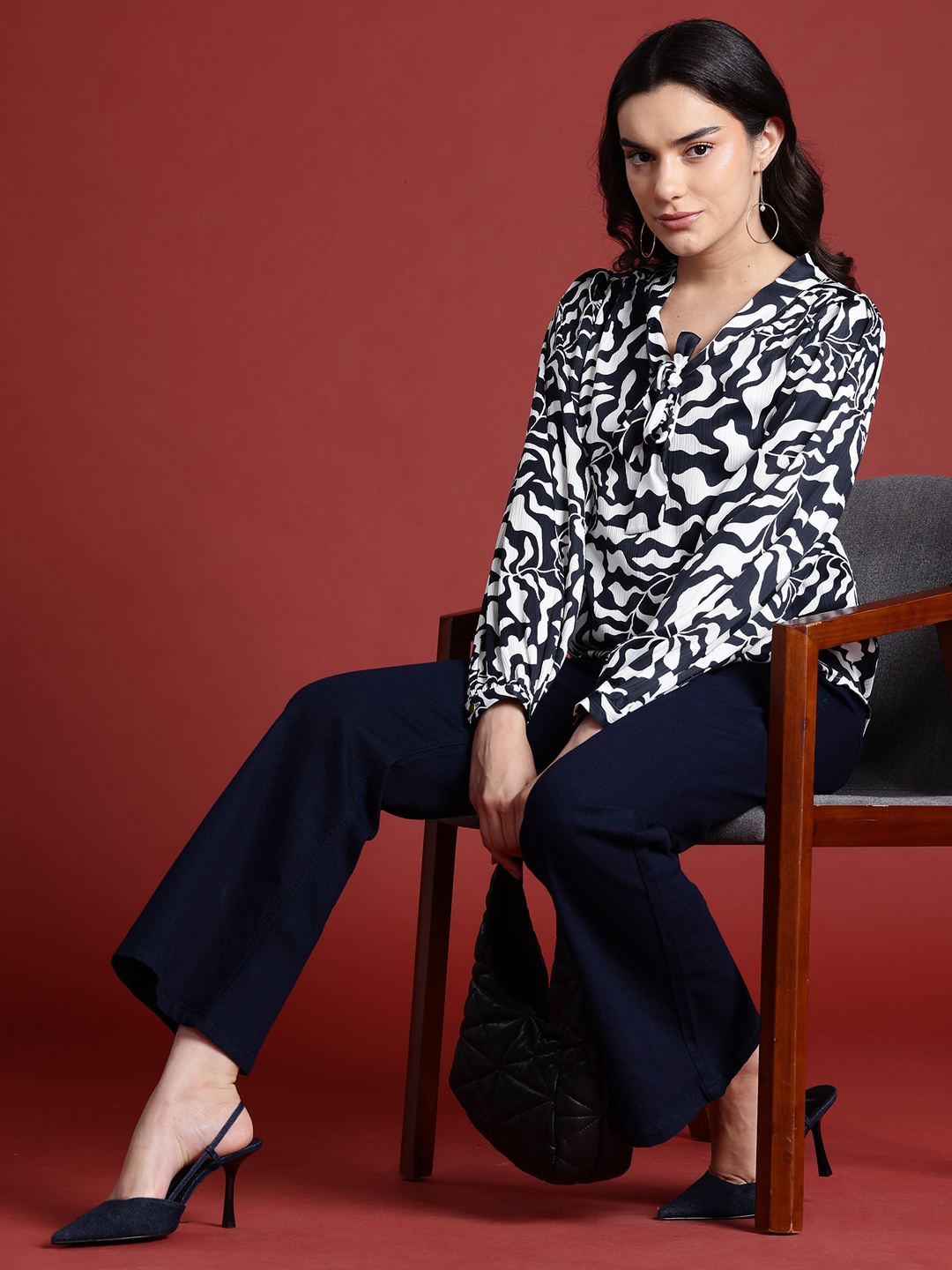 

all about you Print Tie-Up Neck Top, Navy blue