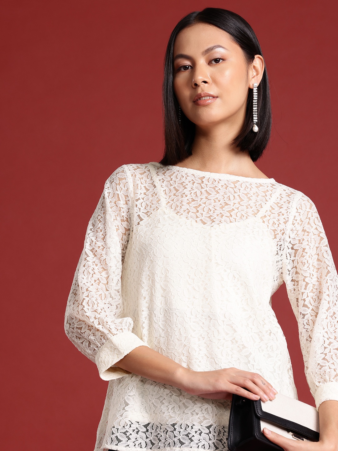 

all about you Floral Puff Sleeve Lace Top, Off white