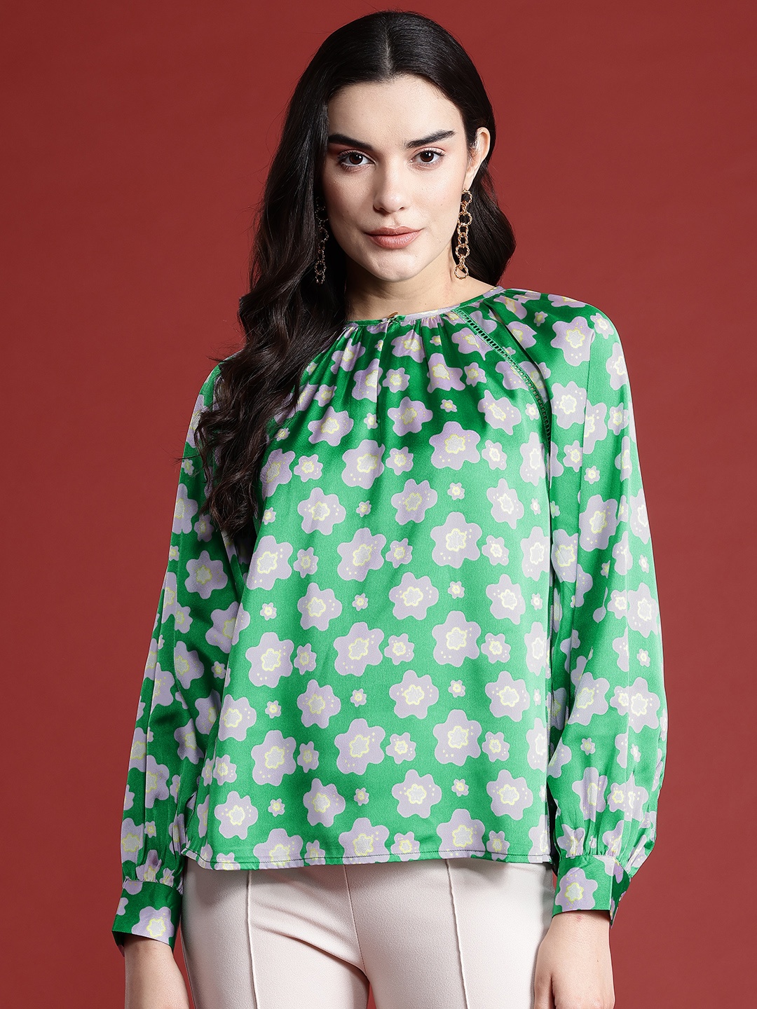 

all about you Floral Print Keyhole Neck Top, Green