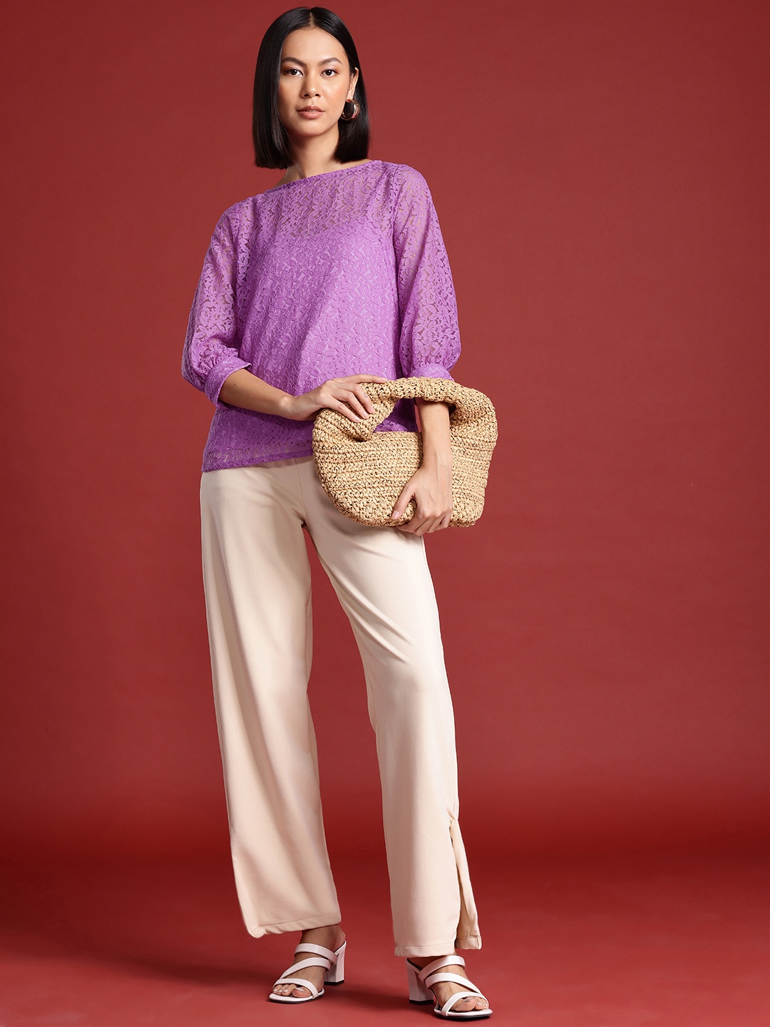 

all about you Floral Puff Sleeve Lace Top, Purple