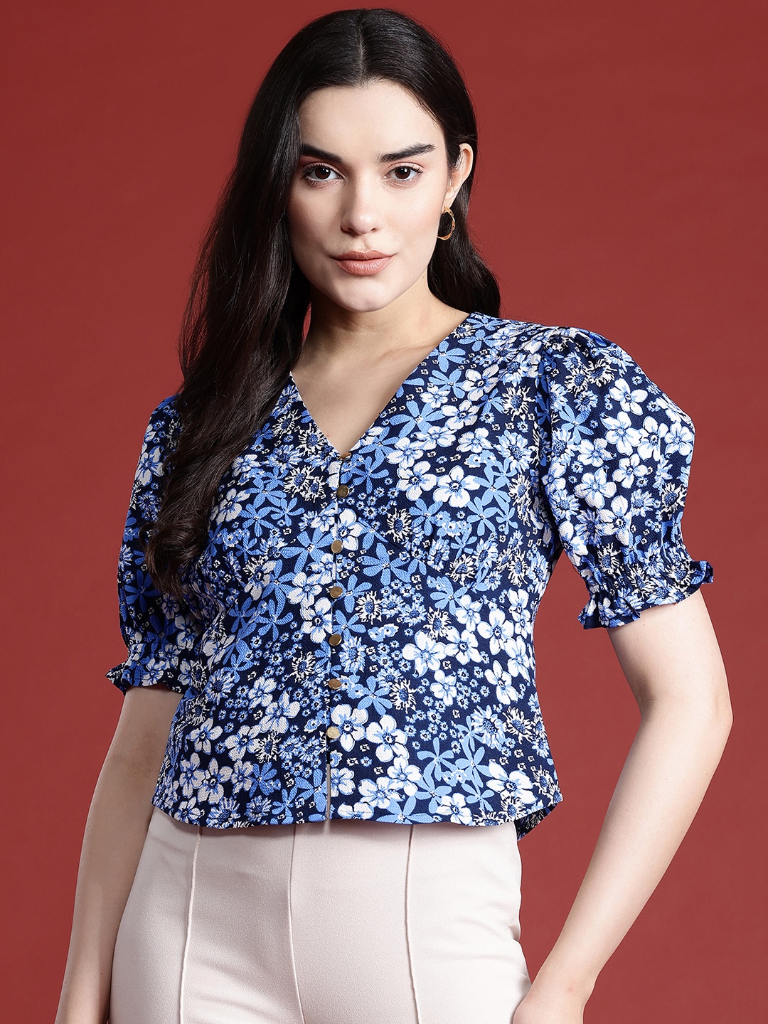 

all about you Floral Print Puff Sleeve Top, Blue