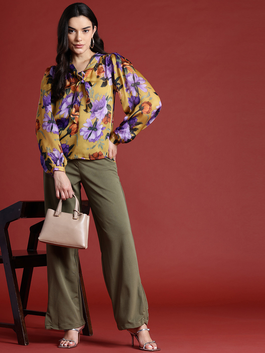 

all about you Floral Print Tie-Up Neck Top, Mustard
