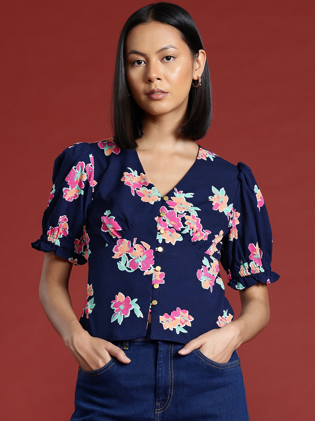 

all about you Floral Printed Top with Puff Sleeves, Navy blue