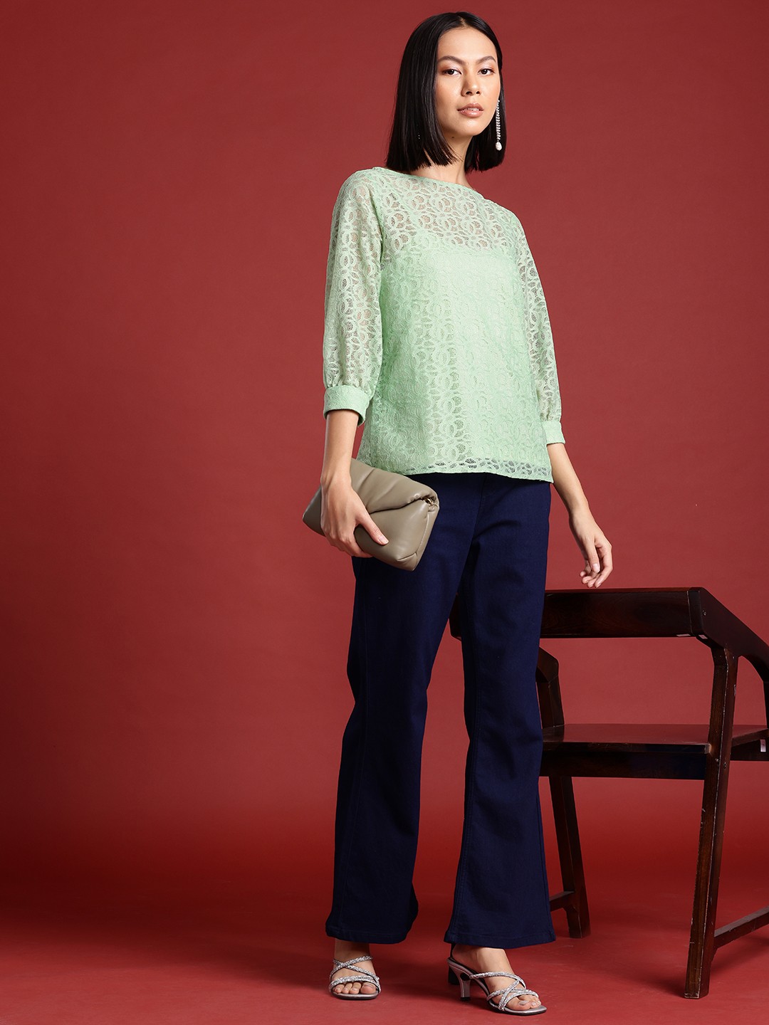

all about you Puff Sleeve Lace Top With Camisole, Green