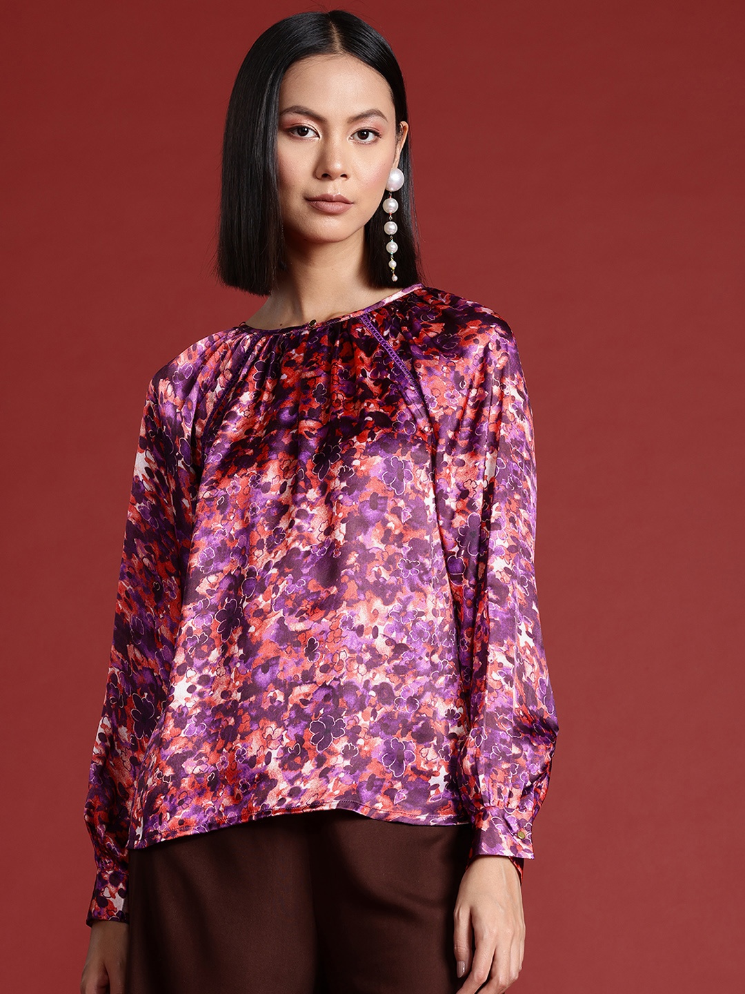 

all about you Satin Finish Floral Print Keyhole Neck Top, Purple