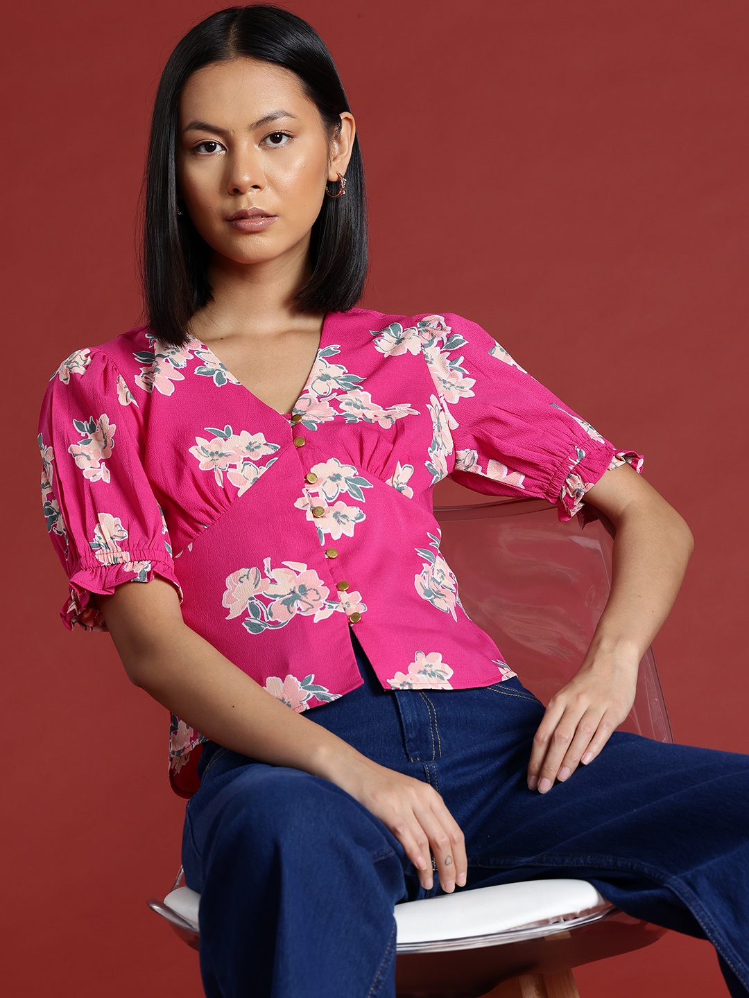

all about you Floral Printed Top with Puff Sleeves, Pink
