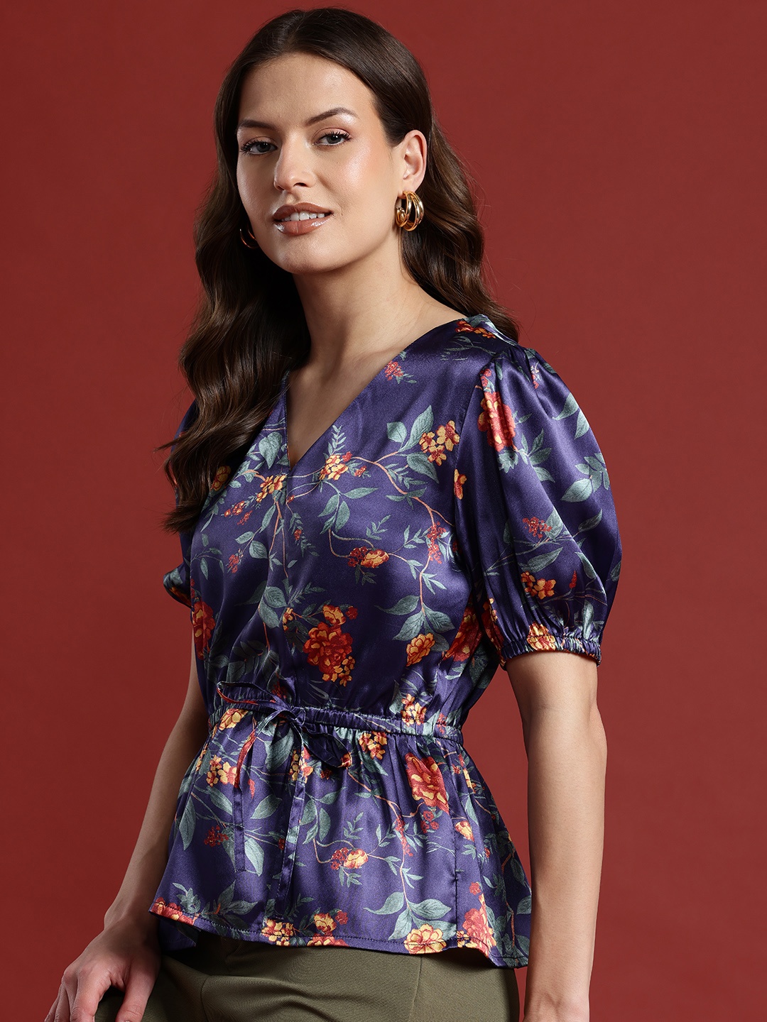 

all about you Floral Print Satin-Finish Cinched Waist Top, Navy blue