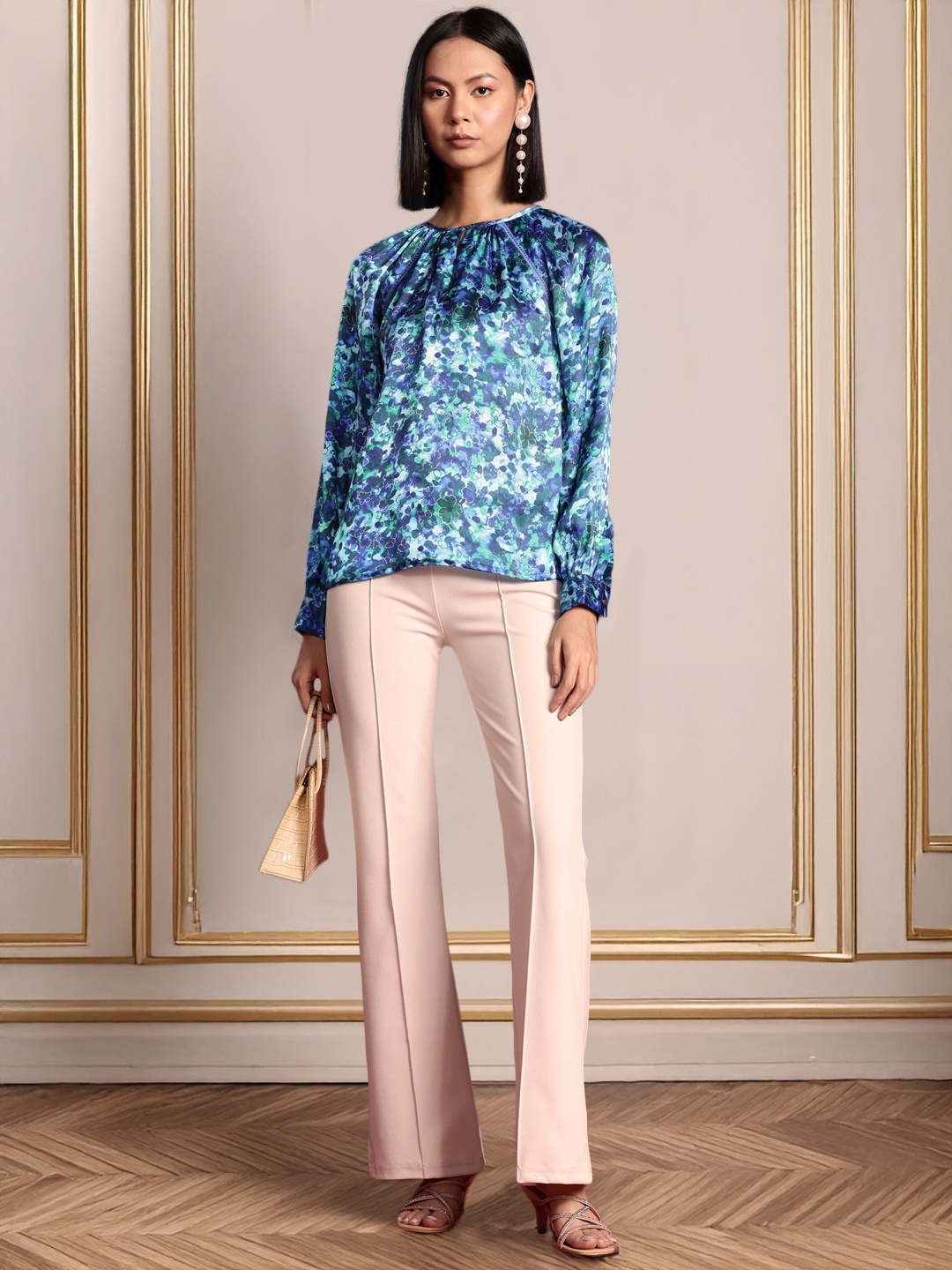 

all about you Satin Finish Floral Print Keyhole Neck Top, Blue
