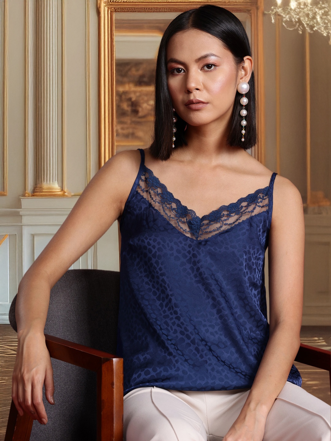

all about you Self-Design Lace Inserts Camisole Top, Blue