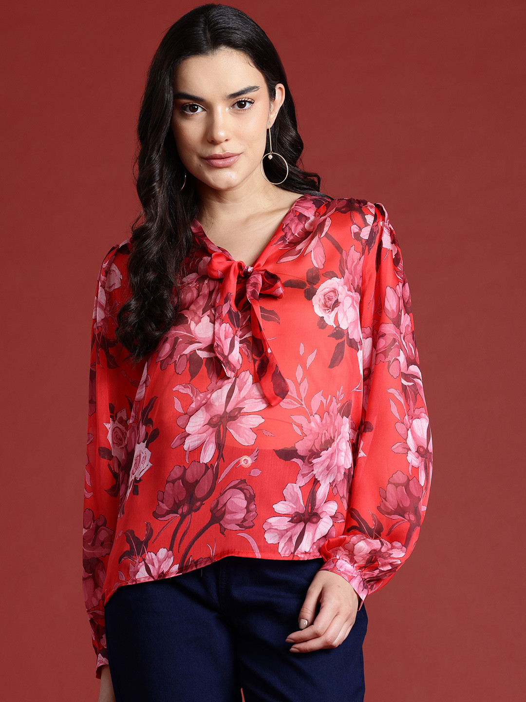 

all about you Floral Print Tie-Up Neck Top, Red