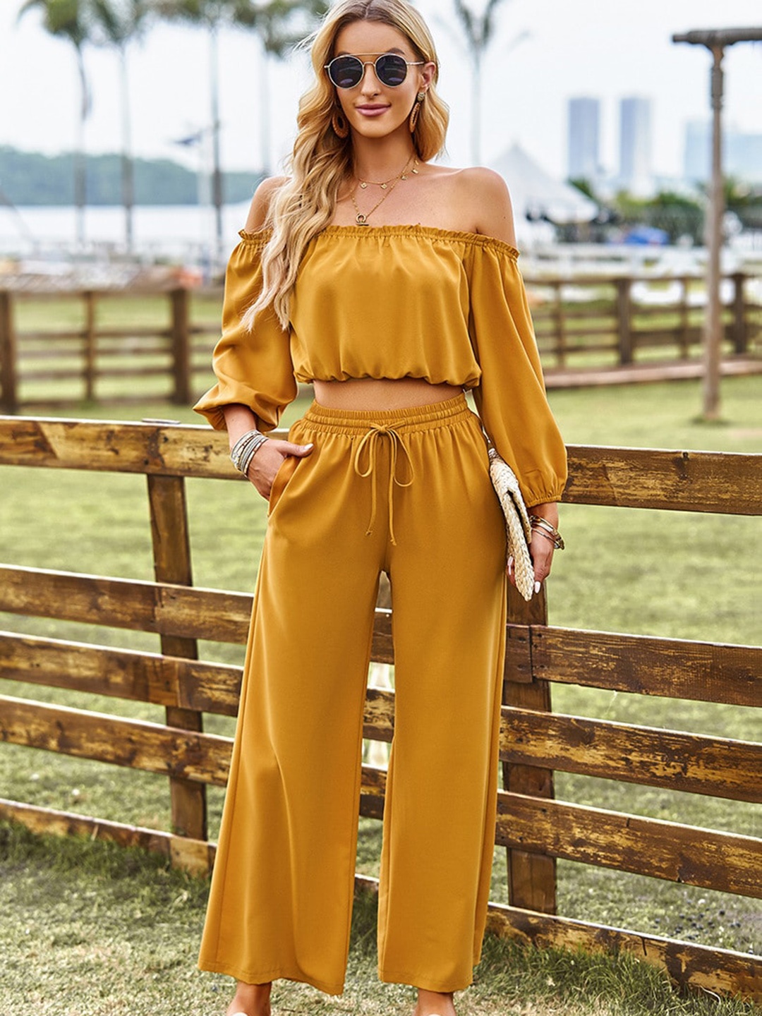 

StyleCast Mustard Yellow Off-Shoulder Crop Top With Trouser